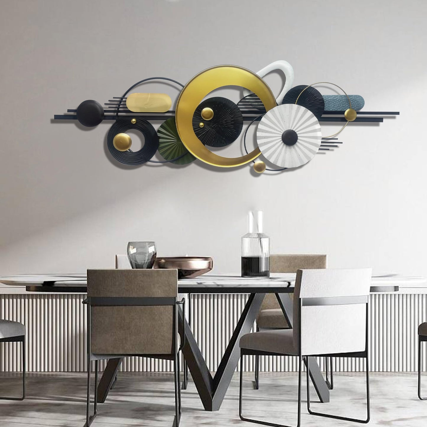 Modern Abstract Metal Wall Art,Large 59×20 Inches Wall Decor, Geometric Circles Design Wall Sculptures, Gold Black White, Wall Decoration for Living Room Bathroom Bedroom Dining Room