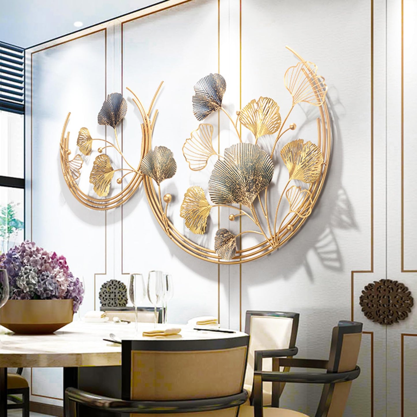 3D Room Wall Decor, Handmade Art Metal Round Golden Ginkgo Leaf Decorative Wall Sculpture for Home Living Room And Bedroom, 2 Pack