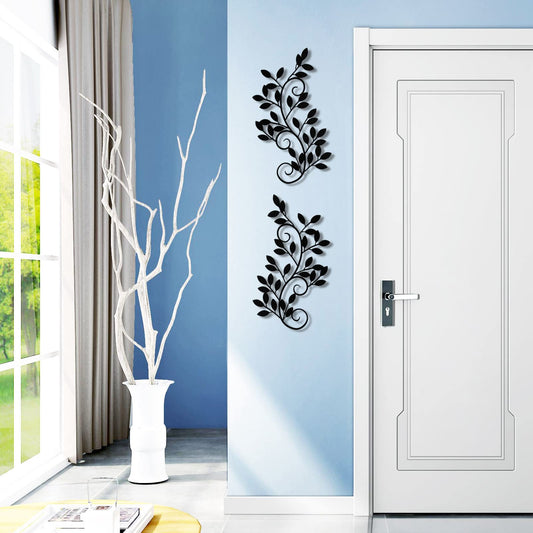 2 Pieces Metal Tree Leaf Wall Decor Vine Olive Branch Leaf Wall Art Wrought Iron Scroll Sculptures for Above the Bed, Living Room, Bathroom, Hallway, Office, Outdoor Decoration (Black)