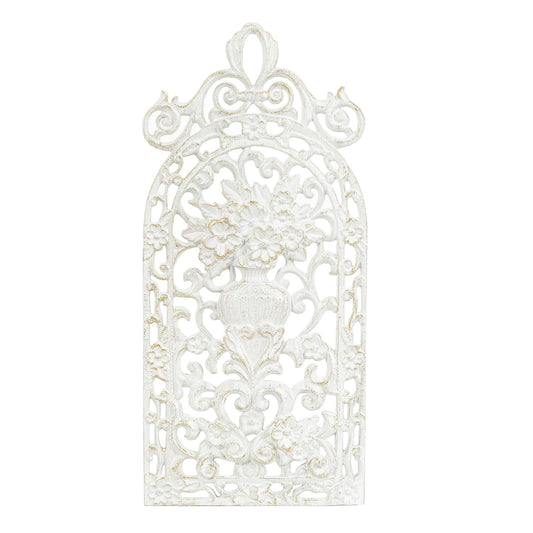 Sungmor Vintage Cast Iron Wall Plaque - Antique Style Carved Artwork, Decorative Metal Art Panel - Intricate Scroll and Floral Vase Design - Rustic Home & Garden Décor - 18" x 8", White