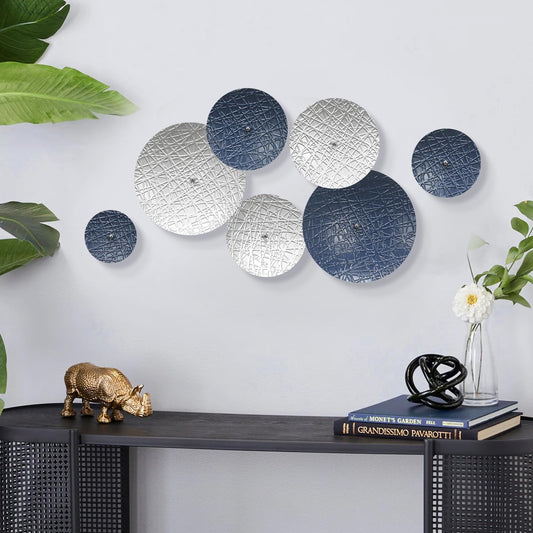 TEIPAI Silver and Blue Wall Decor for Living Room, 7PCS Metal Wall Hanging Sculptures for Office Apartment Bathroom Decoration, Modern Silver Home Decor for Staircase Hallway Porch Housewarming Gift