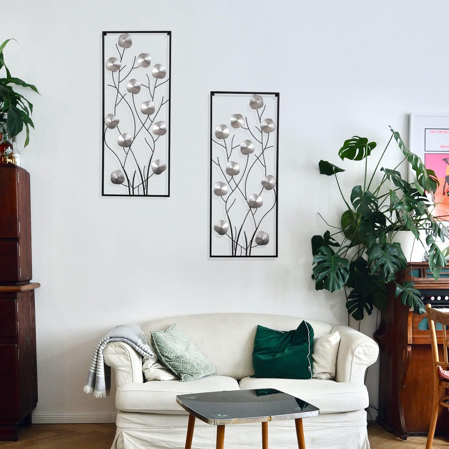 Metal Floral Wall Decor, Metal Wall Art Set of 2, Tall Cutout Wall Sculpture with Black Frame, Modern Wall Hanging Decoration for Home Bedroom Living Room Study Office, 14.6”L x 35.4”H, Sliver