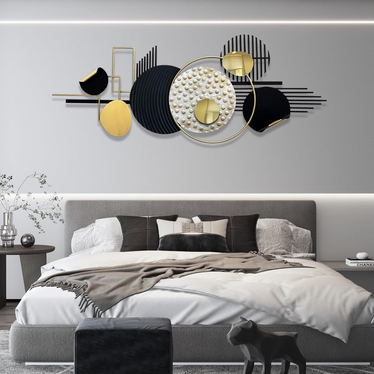 ERMOFAV Metal Wall Art Modern Art Black and Gold Boho Living Room Decor Art Abstract Geometric Sculptures Large Wall Decor for Living Room Dining Room Bedroom Aathroom