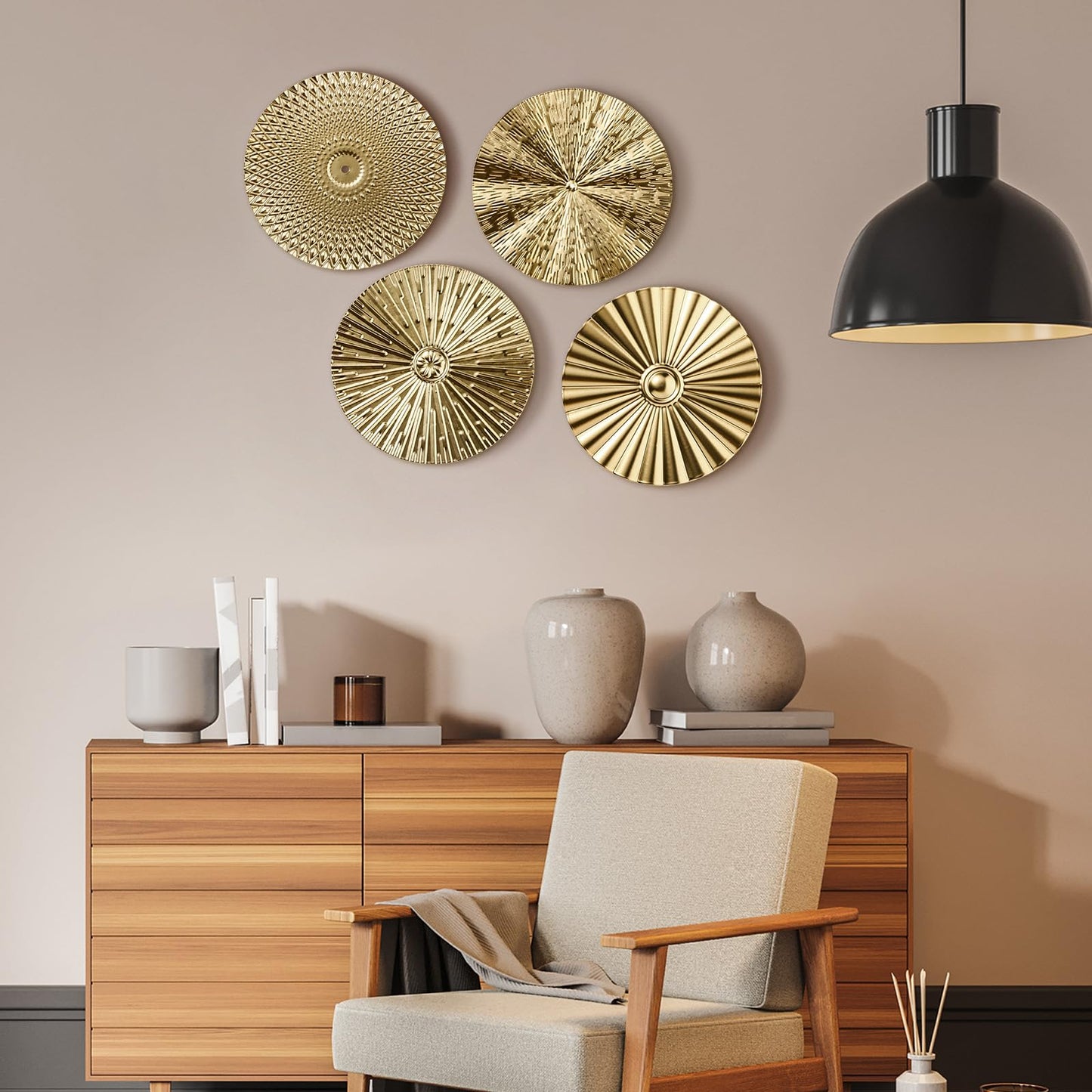 Hicarer 4 Pcs 12 Inch Metal Wall Art Decor Sunburst Hanging Metal Artwork Decor Wall Art Decorations for Home Living Room Office Gift for Christmas(Gold)