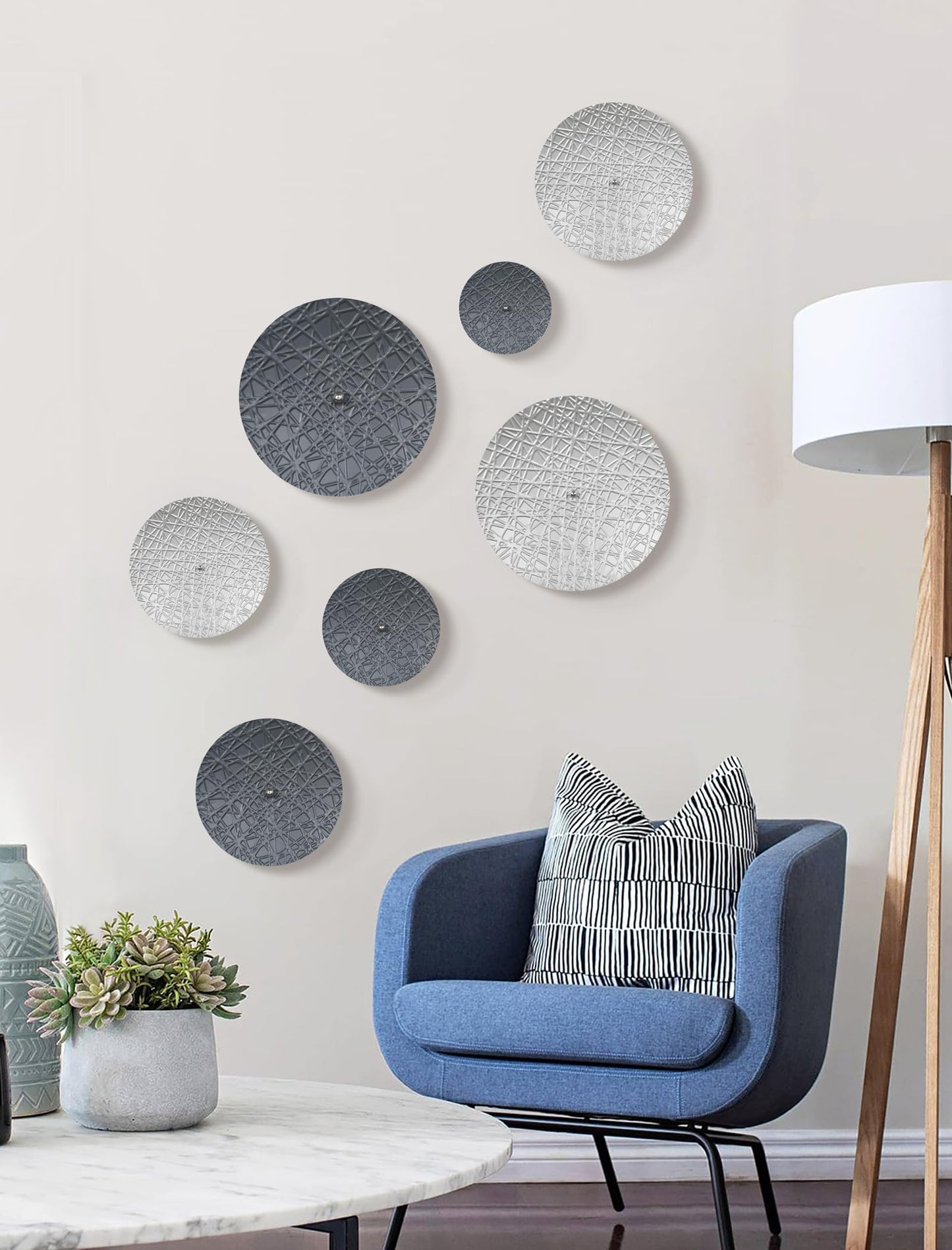 TEIPAI Silver and Gray Metal Wall Decor for Living Room, 7PCS Hanging Wall Art Sculptures for Office Dining Room Decoration, Modern Silver Home Decor for Apartment Bedroom New Home Gift