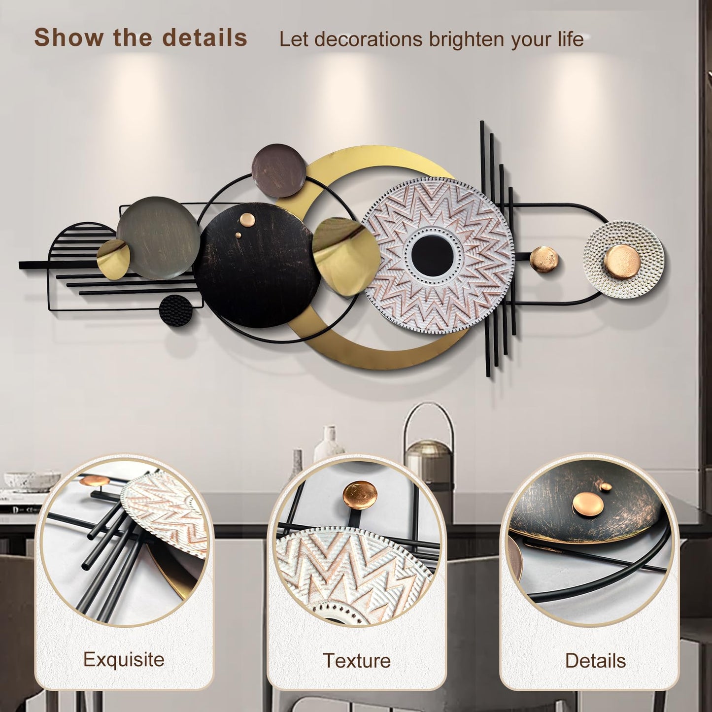 ERMOFAV Wall Decor,Modern Creative Metal Geometric Circular Decor Wall Art, 59x24 In Large 3D Textured Metal Wall Sculptures, Living Room Bedroom Den Aesthetic Wall Art Decor