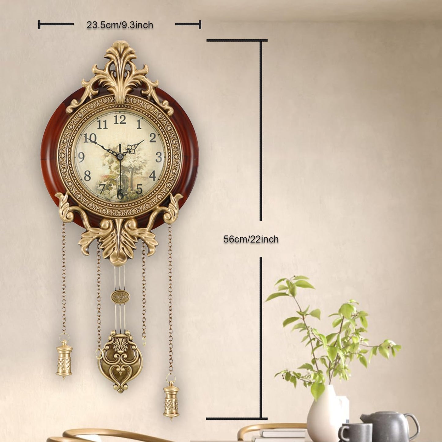 Aero Snail Dia 9-inch Retro Style Vintage Wood Indoor Wall Clock with Swinging Pendulum (Requires 2 AA Batteries for Clock Hands and Pendulum)