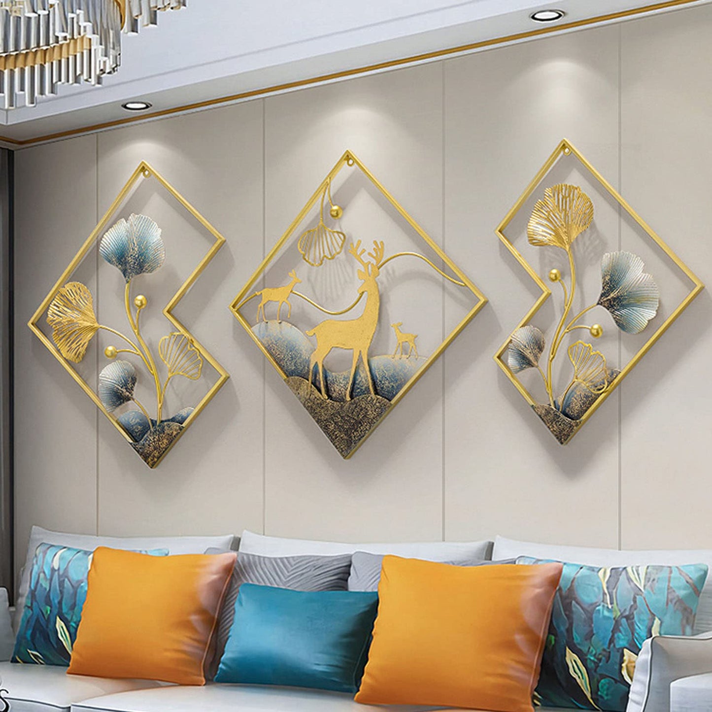 tarkay Metal Wall Art Dining Room Wall Art Decor 3 Piece Large Modern Wall Sculptures 3D Ginkgo Leaf 78x27in Aesthetic Wall Art for Bedroom Office Room Decor Living Room