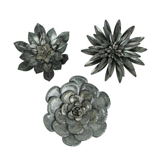 Zeckos Set of 3 Galvanized Metal Flower Wall Hanging Sculptures Home Decor Floral Art 10 Inches High - Nature Accents For Country or Farmhouse - Easy Install