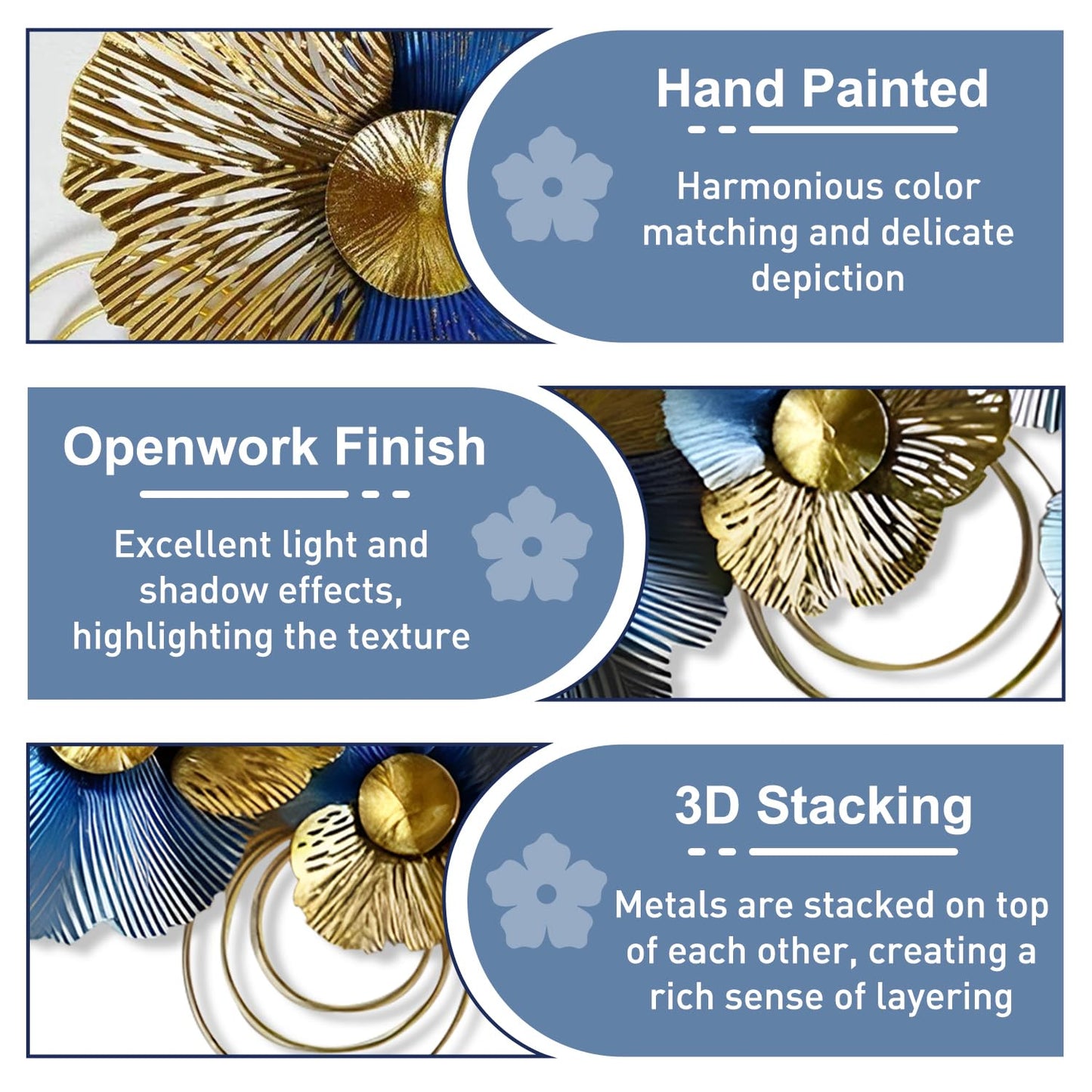 edaknez Metal Wall Decor for Living Room, Extra Large Metal Wall Art, 3D Modern Leaves Wall Decoration, Lotus Flower Wall Hanging Sculpture, for Indoor Outdoor, Blue & Gold (A 130x66x6cm)