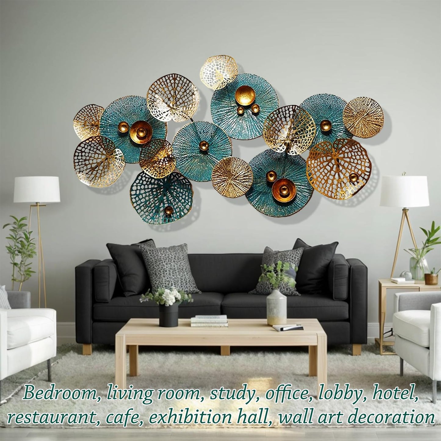 edaknez Metal Wall Decor for Living Room, Metal Flower Wall Art, 3D Stacked Leaves Wall Art Decor, Modern Lotus Flower Hanging Wall Decor (C 50 inch x 26 inch)