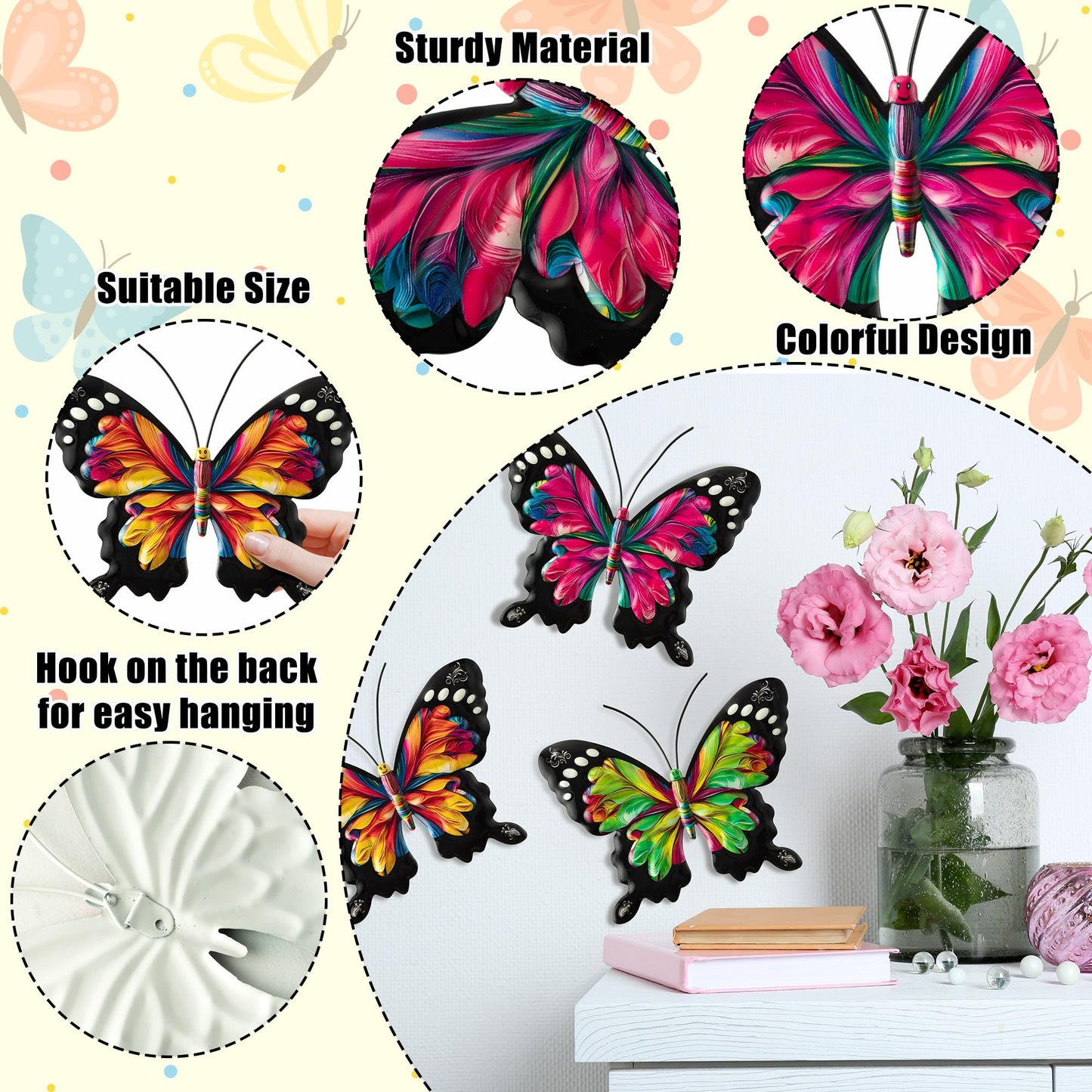 Metal Butterfly Wall Decoration - 4Pcs Butterfly Wall Art 3D Sculpture Pendant Hanging Ornament for Balcony Patio Garden Outdoor Fence Decoration Women Birthday Wedding Housewarming Gift A