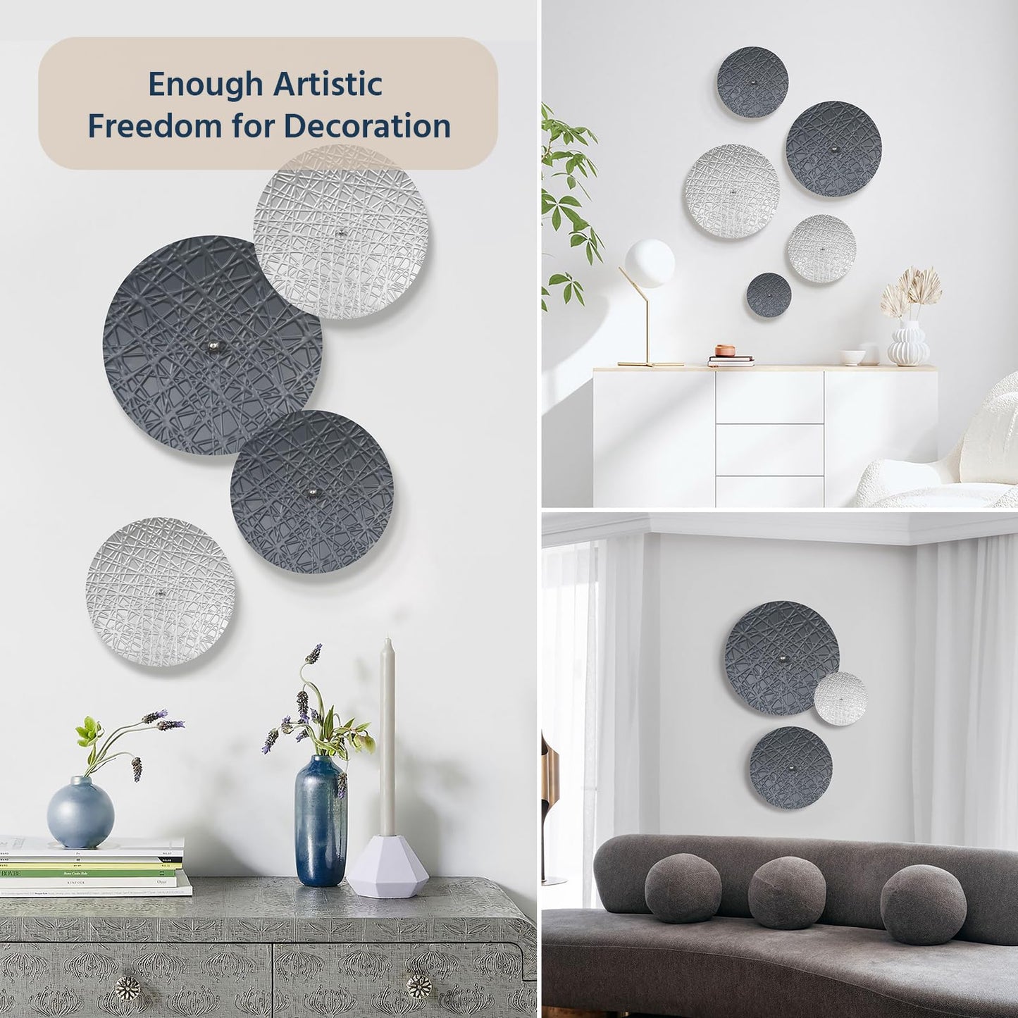 TEIPAI Silver and Gray Metal Wall Decor for Living Room, 7PCS Hanging Wall Art Sculptures for Office Dining Room Decoration, Modern Silver Home Decor for Apartment Bedroom New Home Gift