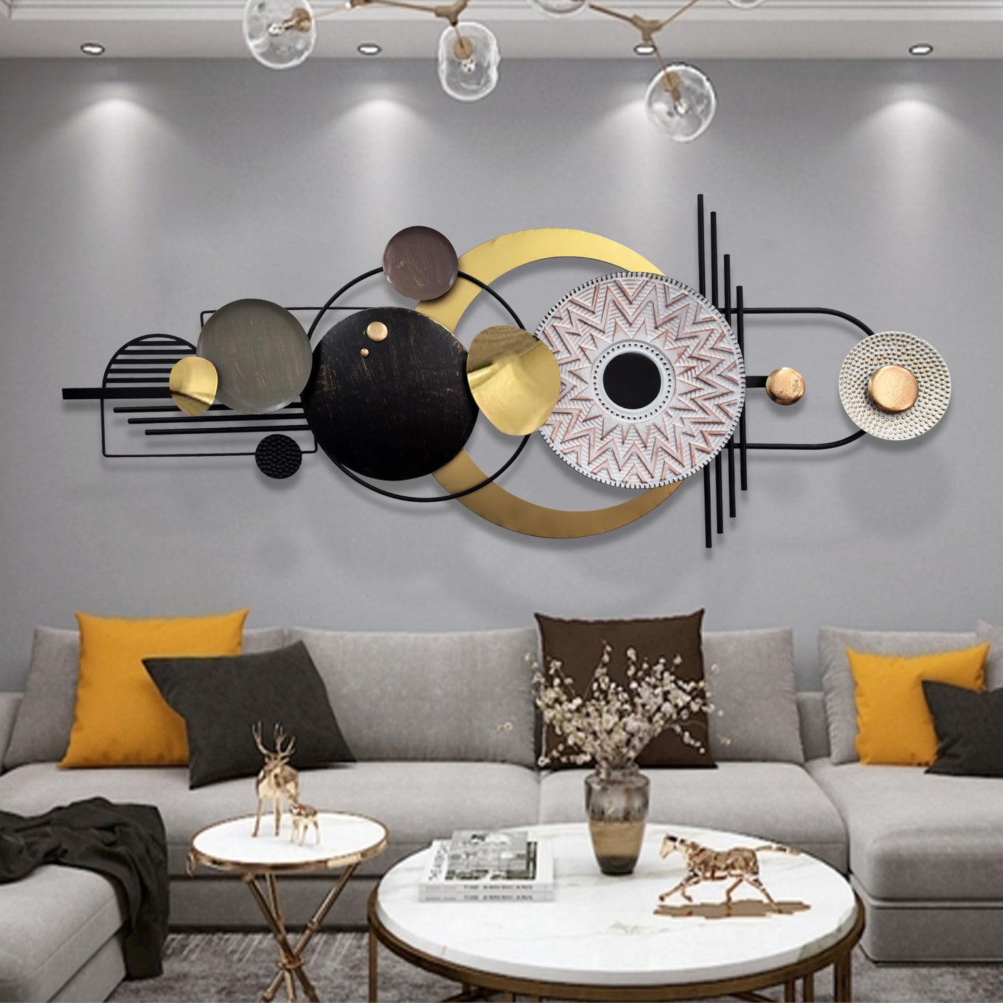 ERMOFAV Wall Decor,Modern Creative Metal Geometric Circular Decor Wall Art, 59x24 In Large 3D Textured Metal Wall Sculptures, Living Room Bedroom Den Aesthetic Wall Art Decor