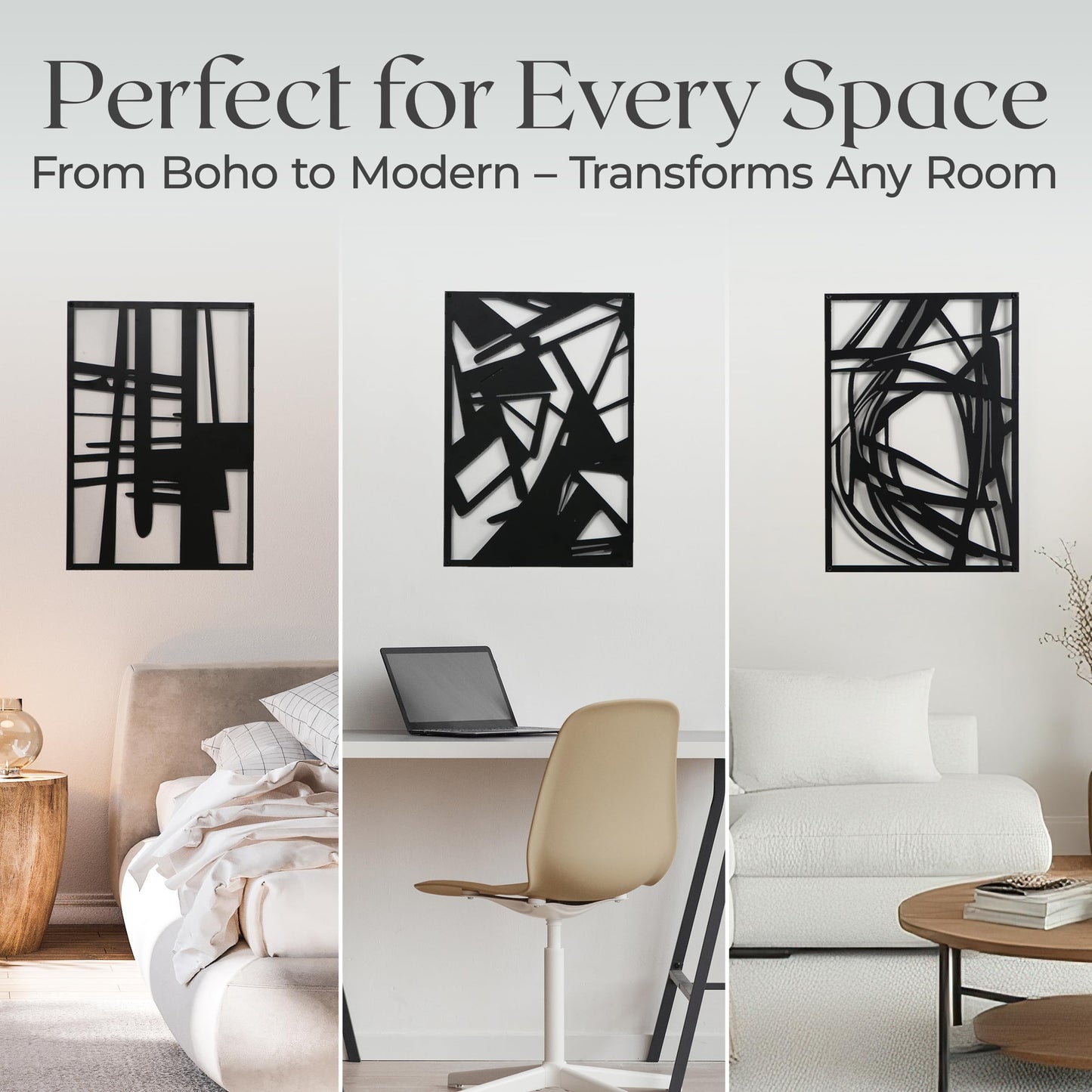 OUR NEST Pack of 4 Black Abstract Metal Wall Art – Minimalist Matte Finish 3D Line Art Wall Decor for Living Room, Bedroom, Bathroom, or Study (16" x 11")