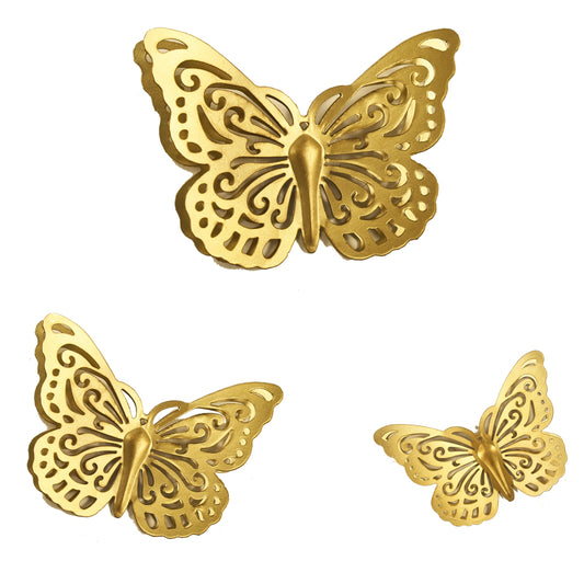 Remenna Gold Finish Metal Butterflies Wall Art Set of 3 Metal Wall Decor Butterfly Hanging Decor for Bedroom Bathroom Living Room Garden Kitchen