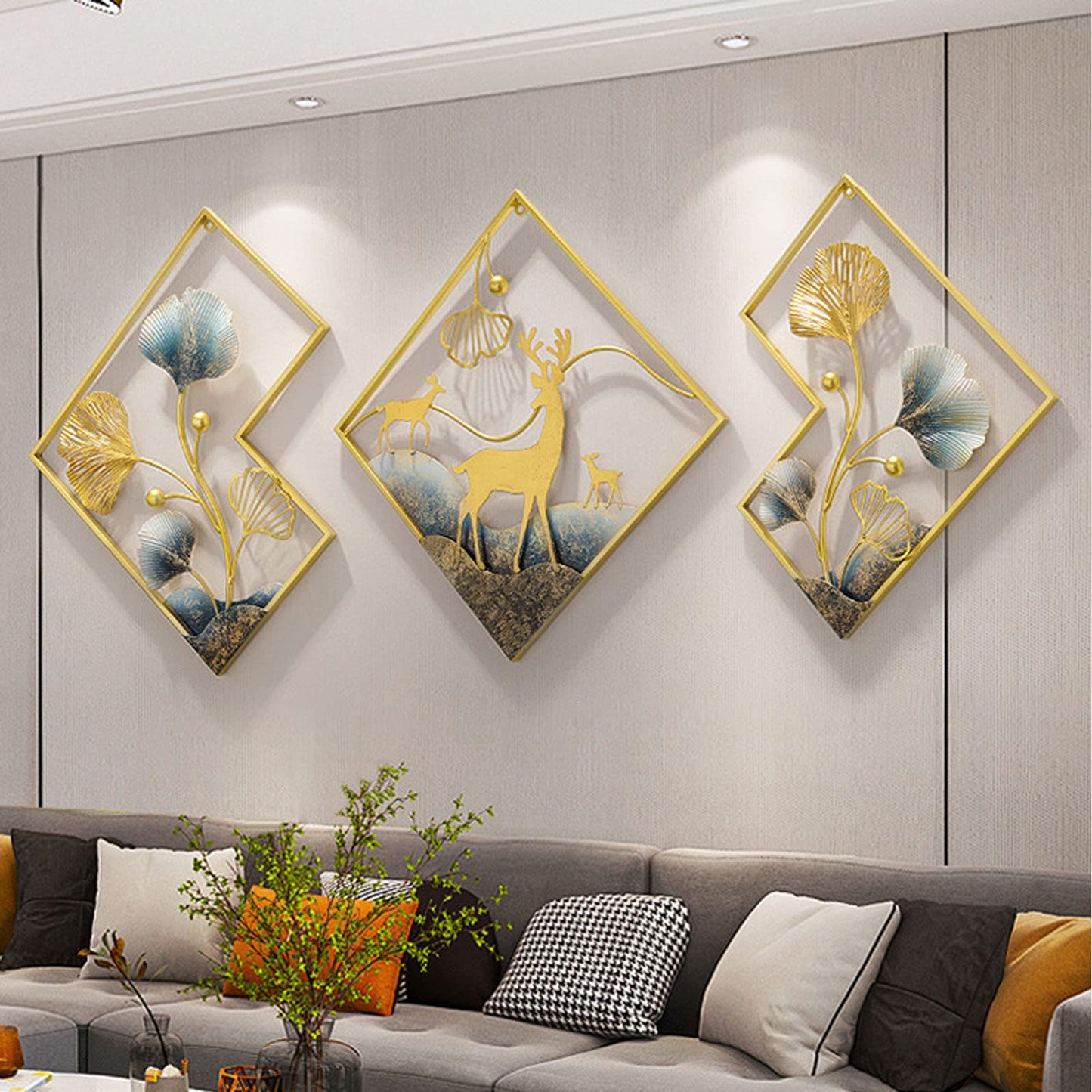 tarkay Metal Wall Art Dining Room Wall Art Decor 3 Piece Large Modern Wall Sculptures 3D Ginkgo Leaf 78x27in Aesthetic Wall Art for Bedroom Office Room Decor Living Room