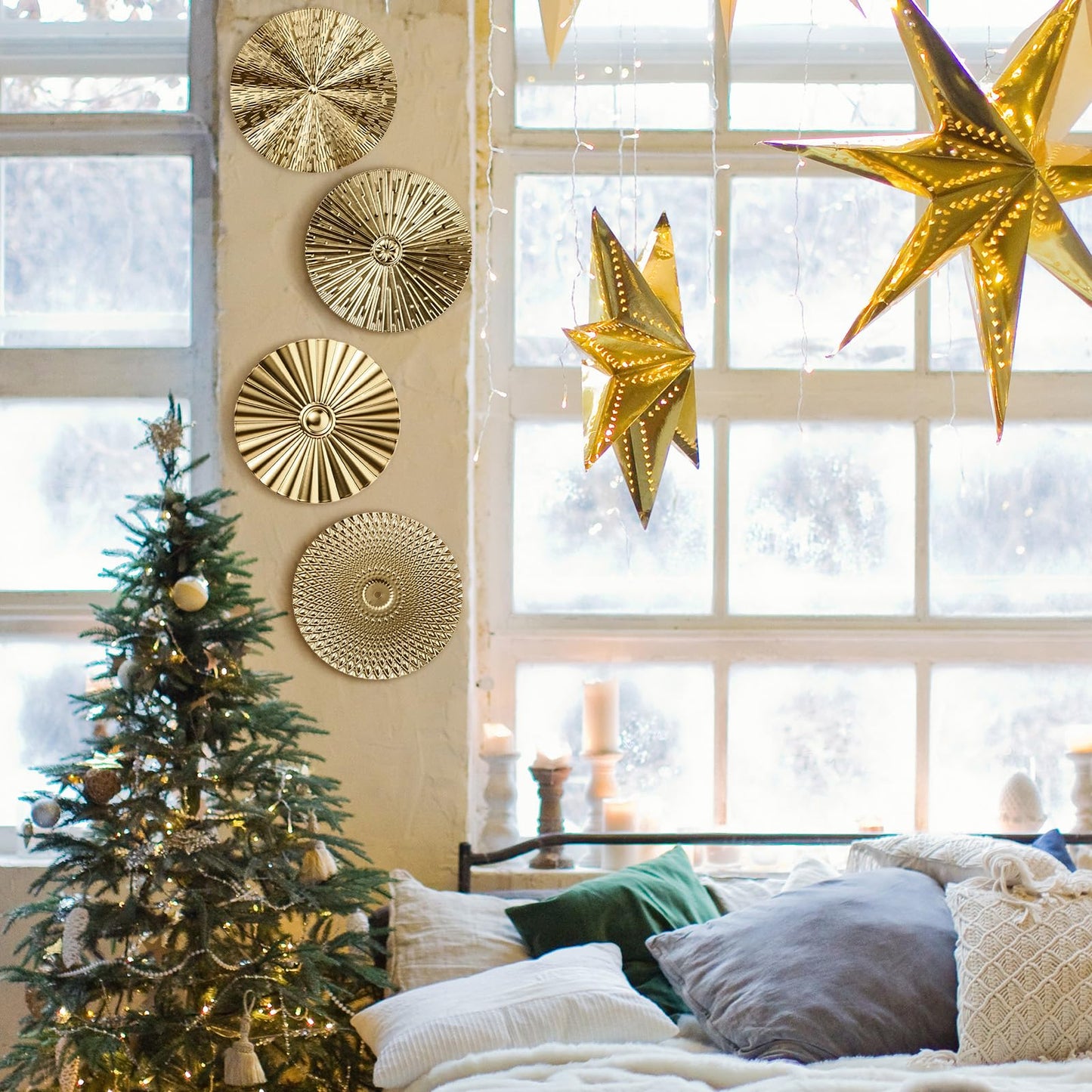 Hicarer 4 Pcs 12 Inch Metal Wall Art Decor Sunburst Hanging Metal Artwork Decor Wall Art Decorations for Home Living Room Office Gift for Christmas(Gold)