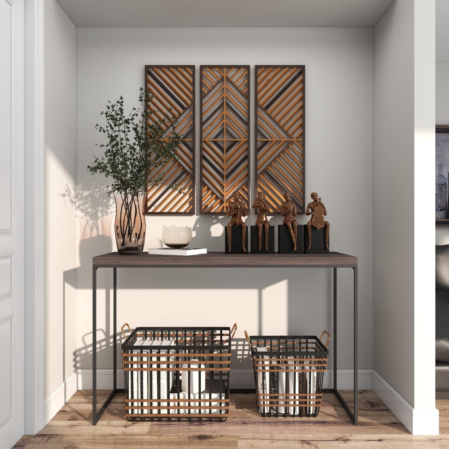 Deco 79 Wood Geometric Home Wall Decor Slatted Wood Design Wall Sculpture, Set of 3 Wall Art 12"W, 35"H, Brown