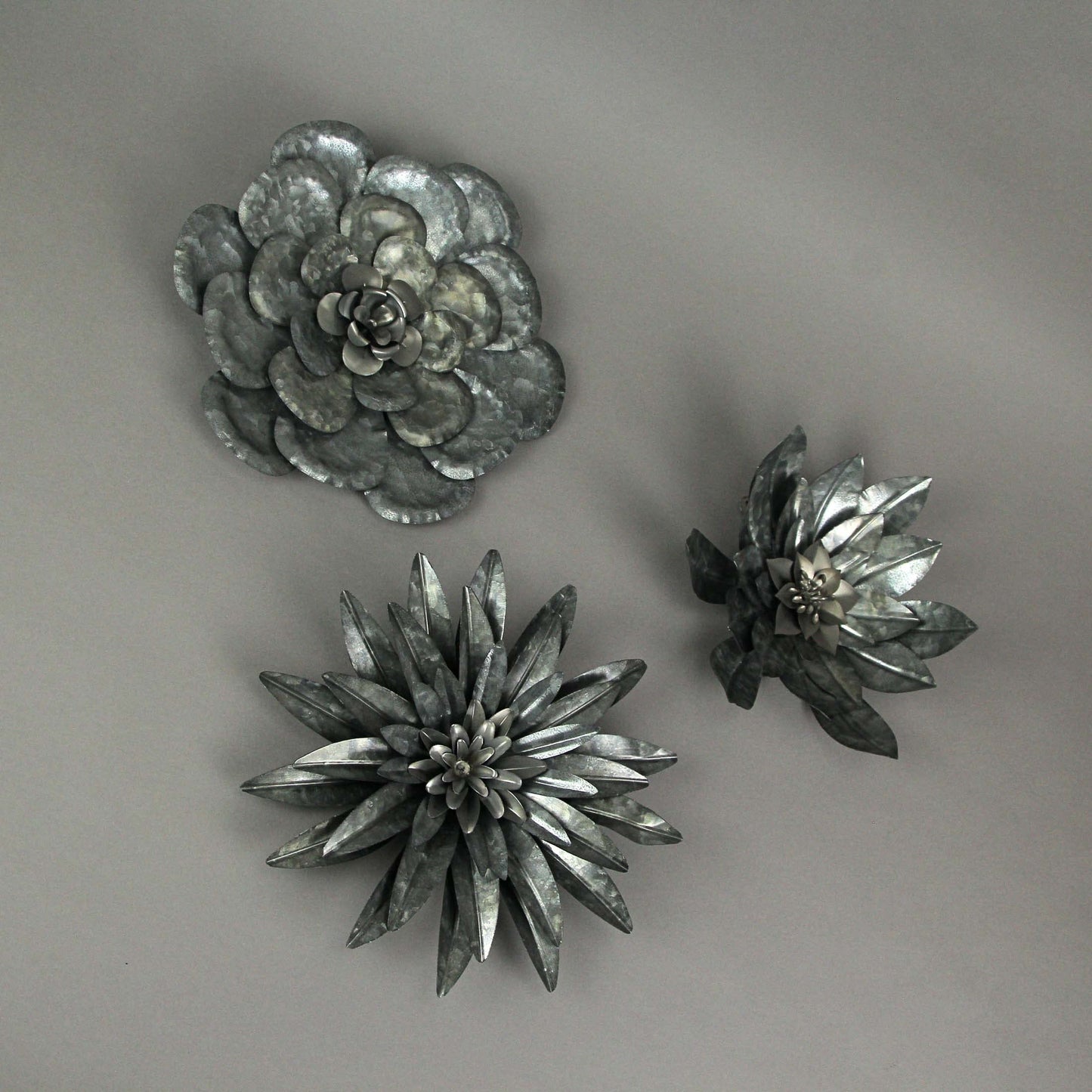 Zeckos Set of 3 Galvanized Metal Flower Wall Hanging Sculptures Home Decor Floral Art 10 Inches High - Nature Accents For Country or Farmhouse - Easy Install