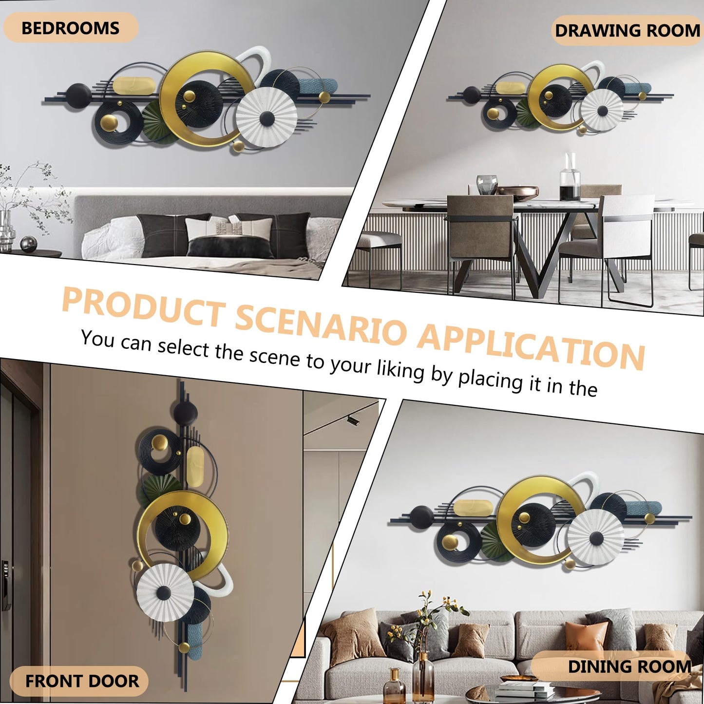 Modern Abstract Metal Wall Art,Large 59×20 Inches Wall Decor, Geometric Circles Design Wall Sculptures, Gold Black White, Wall Decoration for Living Room Bathroom Bedroom Dining Room