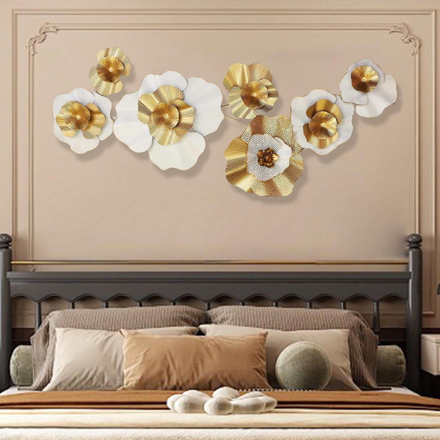 White Gold Abstract Wall Decor - Modern Metal Wall Sculptures, Large 3D Vertical 49"*25" Flower Wall Decor for Living Room, Dining Room, Bedroom