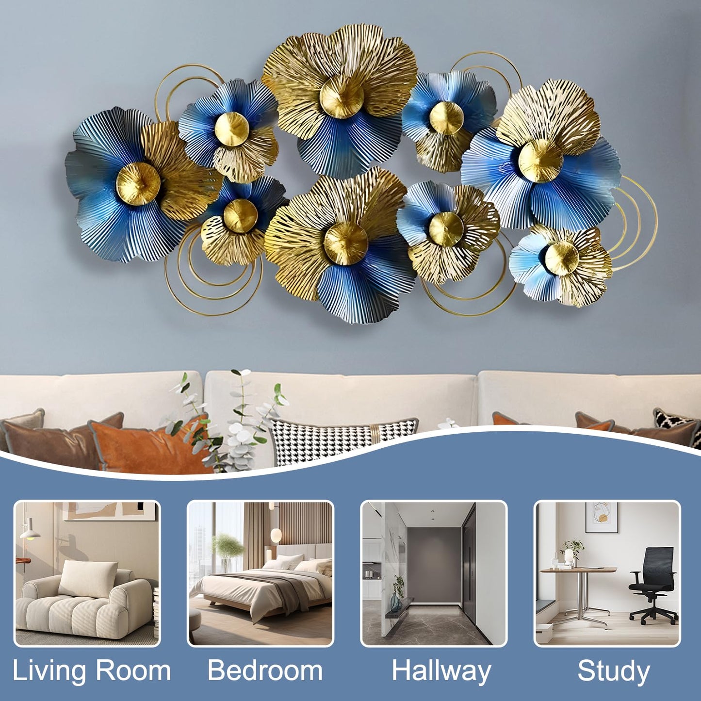 edaknez Metal Wall Decor for Living Room, Extra Large Metal Wall Art, 3D Modern Leaves Wall Decoration, Lotus Flower Wall Hanging Sculpture, for Indoor Outdoor, Blue & Gold (A 130x66x6cm)
