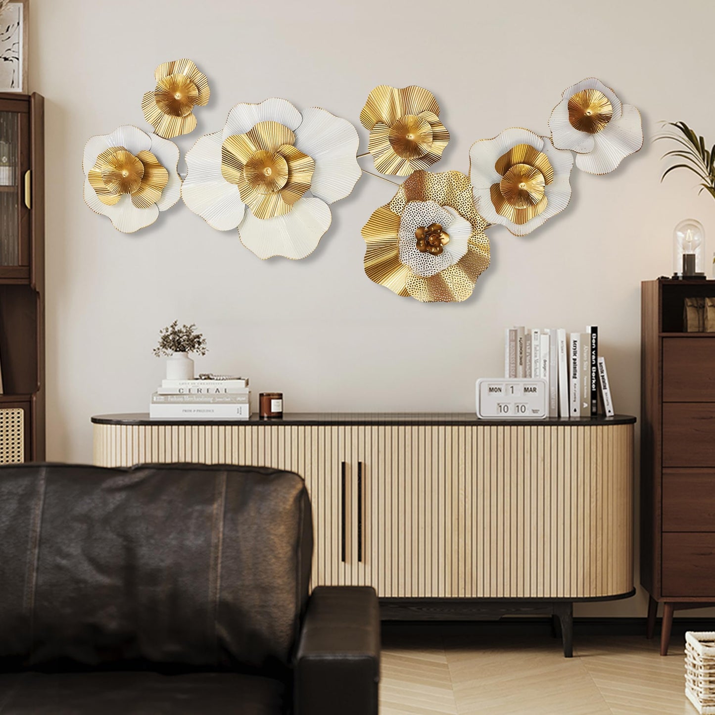White Gold Abstract Wall Decor - Modern Metal Wall Sculptures, Large 3D Vertical 49"*25" Flower Wall Decor for Living Room, Dining Room, Bedroom