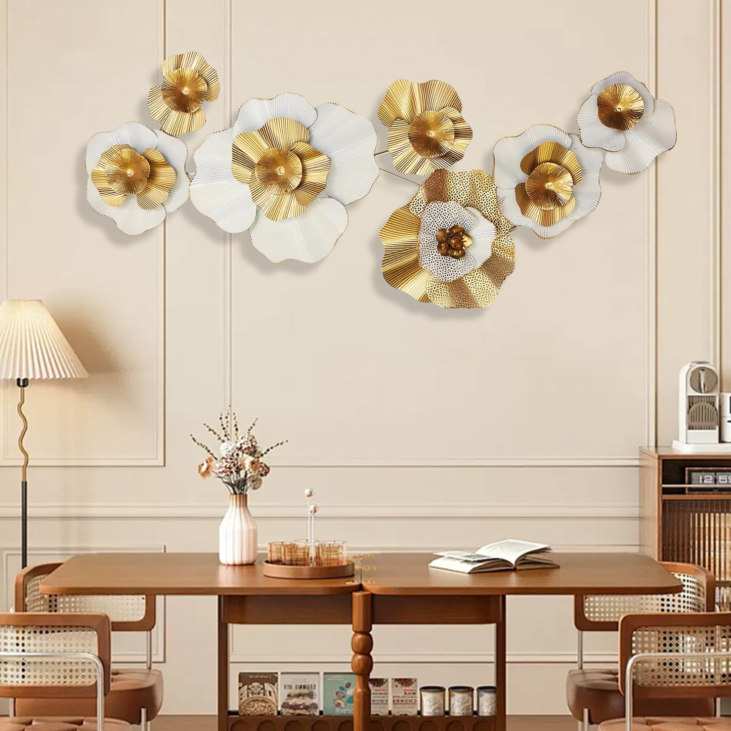 White Gold Abstract Wall Decor - Modern Metal Wall Sculptures, Large 3D Vertical 49"*25" Flower Wall Decor for Living Room, Dining Room, Bedroom