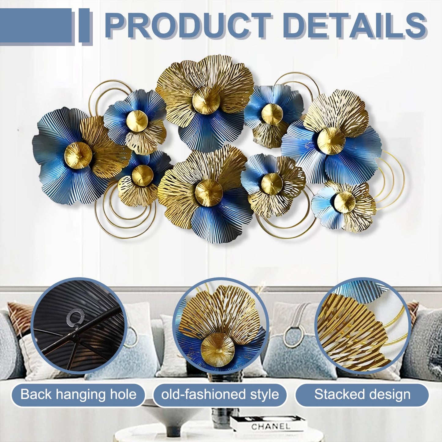 edaknez Metal Wall Decor for Living Room, Extra Large Metal Wall Art, 3D Modern Leaves Wall Decoration, Lotus Flower Wall Hanging Sculpture, for Indoor Outdoor, Blue & Gold (A 130x66x6cm)