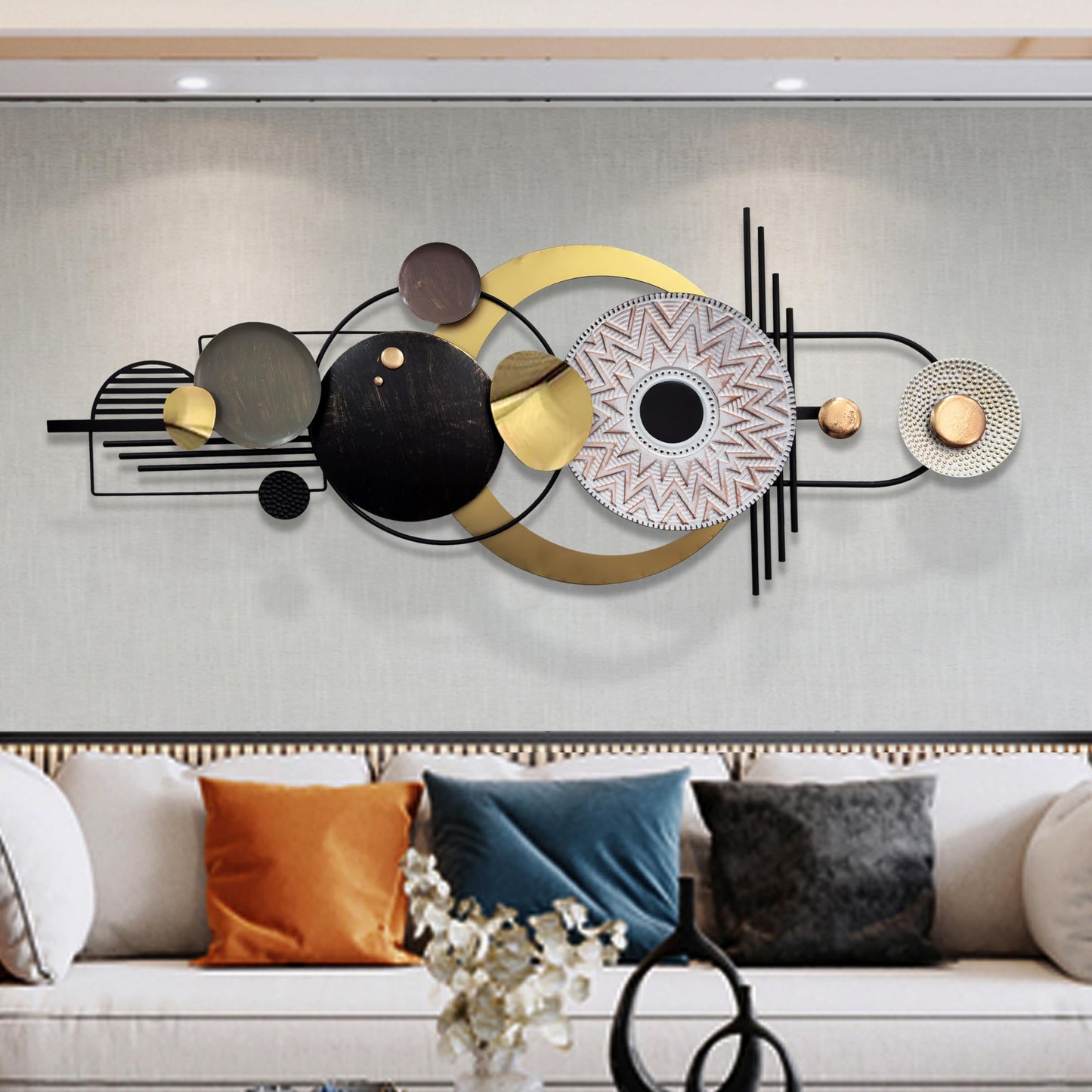 ERMOFAV Wall Decor,Modern Creative Metal Geometric Circular Decor Wall Art, 59x24 In Large 3D Textured Metal Wall Sculptures, Living Room Bedroom Den Aesthetic Wall Art Decor