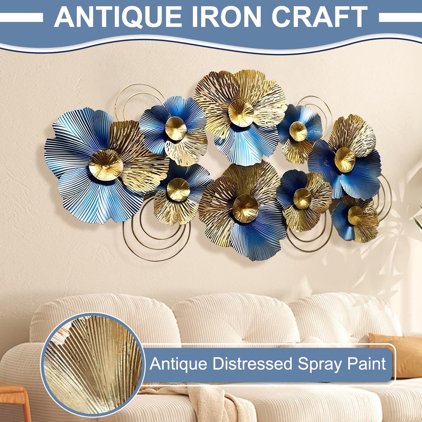edaknez Metal Wall Decor for Living Room, Extra Large Metal Wall Art, 3D Modern Leaves Wall Decoration, Lotus Flower Wall Hanging Sculpture, for Indoor Outdoor, Blue & Gold (A 130x66x6cm)