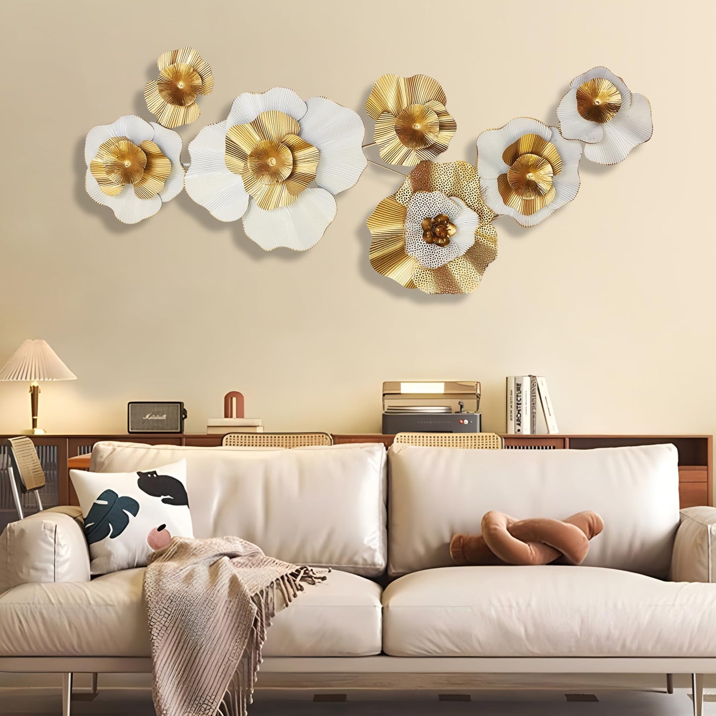 White Gold Abstract Wall Decor - Modern Metal Wall Sculptures, Large 3D Vertical 49"*25" Flower Wall Decor for Living Room, Dining Room, Bedroom