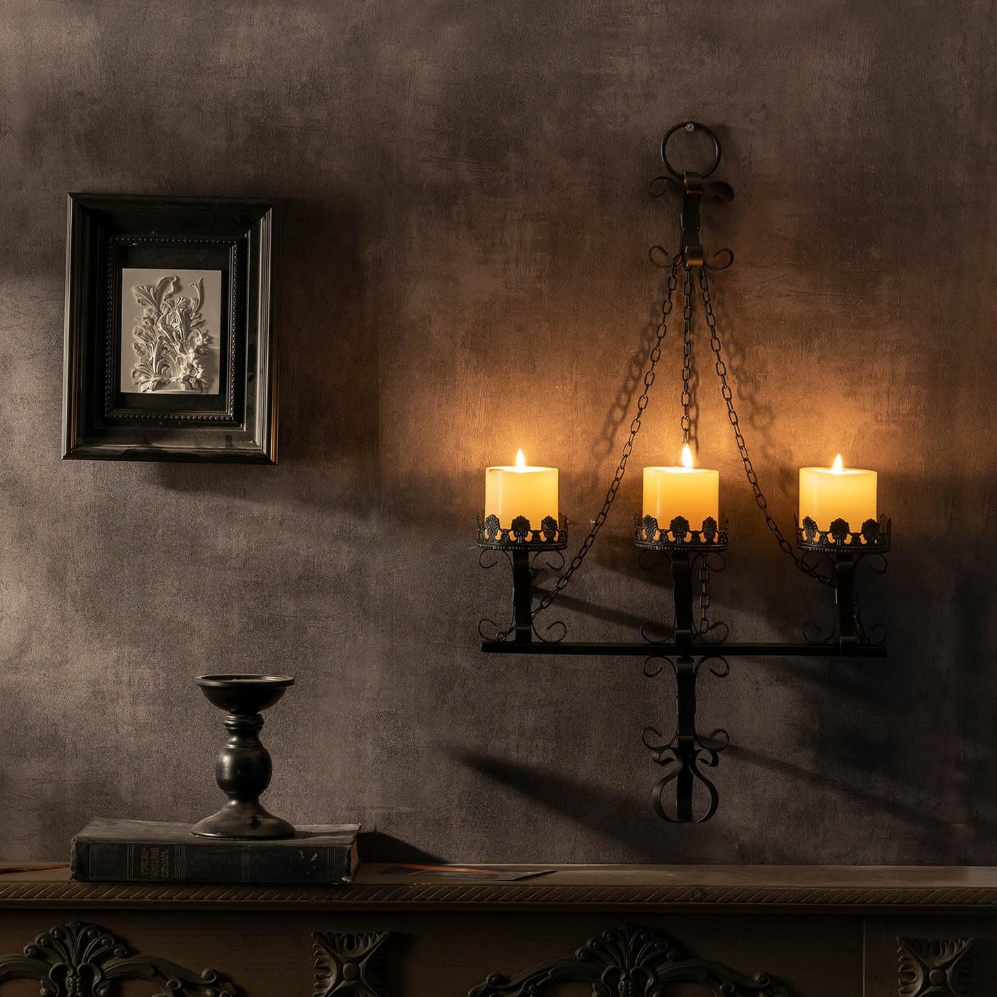 Black Wall Candle Sconces,3 Iron Candelabra,Gothic Victorian Decor,Rustic Wall Candle Holder for Bathroom,Living Room,Dining Room