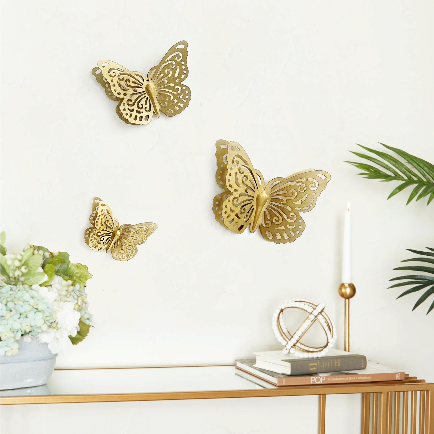 Remenna Gold Finish Metal Butterflies Wall Art Set of 3 Metal Wall Decor Butterfly Hanging Decor for Bedroom Bathroom Living Room Garden Kitchen