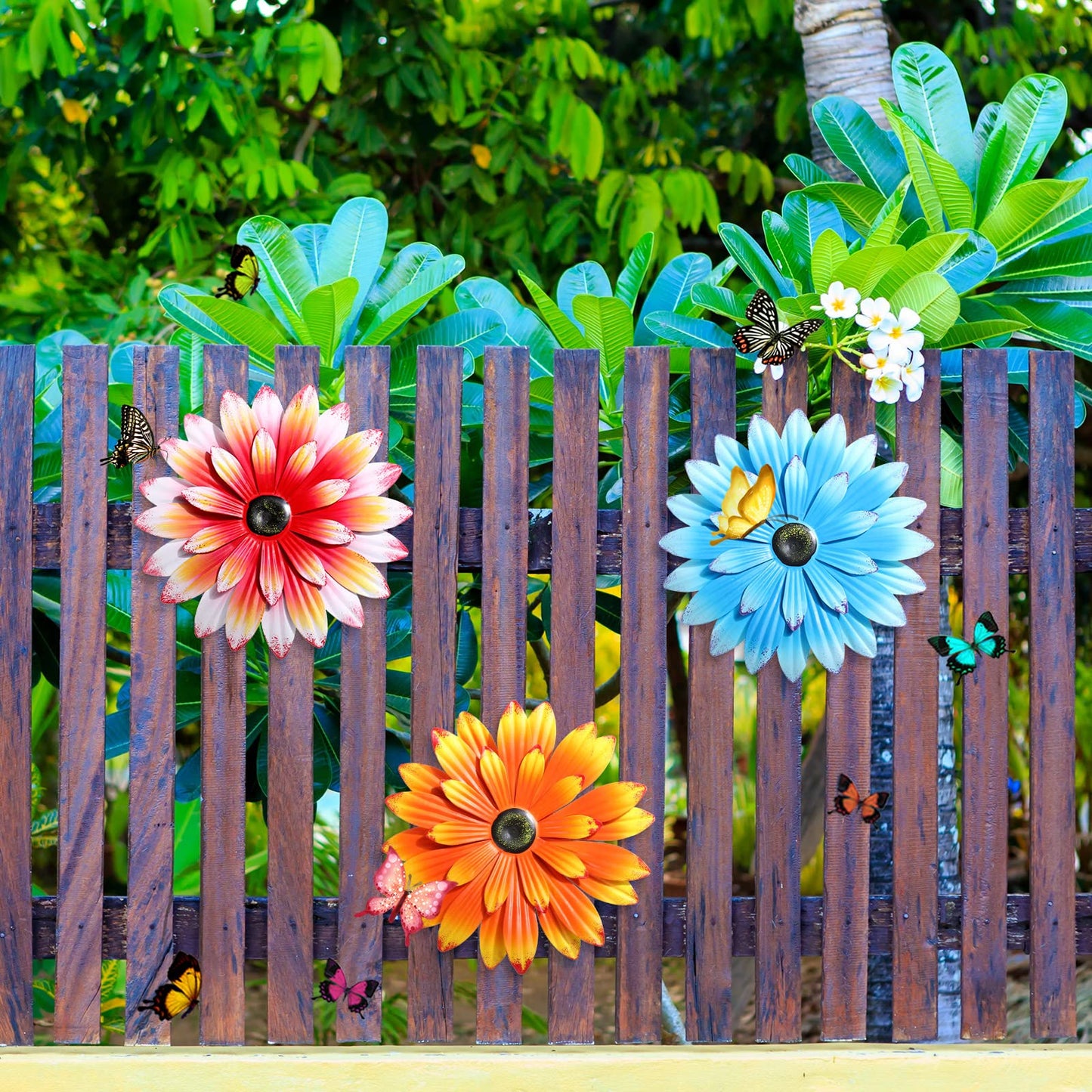 Hotop 3 Pcs Metal Flower Wall Art 3D Metal Daisy Wall Decor Multiple Layer Hanging Flower Rustic Farmhouse Boho Style Decorations for Indoor Outdoor Home Living Room Office Garden, 8 Inches(Vivid)