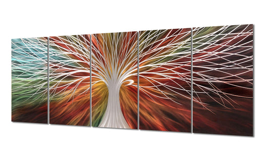 Yihui Arts Abstract Metal Wall Art - Tree Of Life Hand Crafted 5 Pieces Panels Large Big Unique 3D Aluminum Modern Contemporary Home Accent