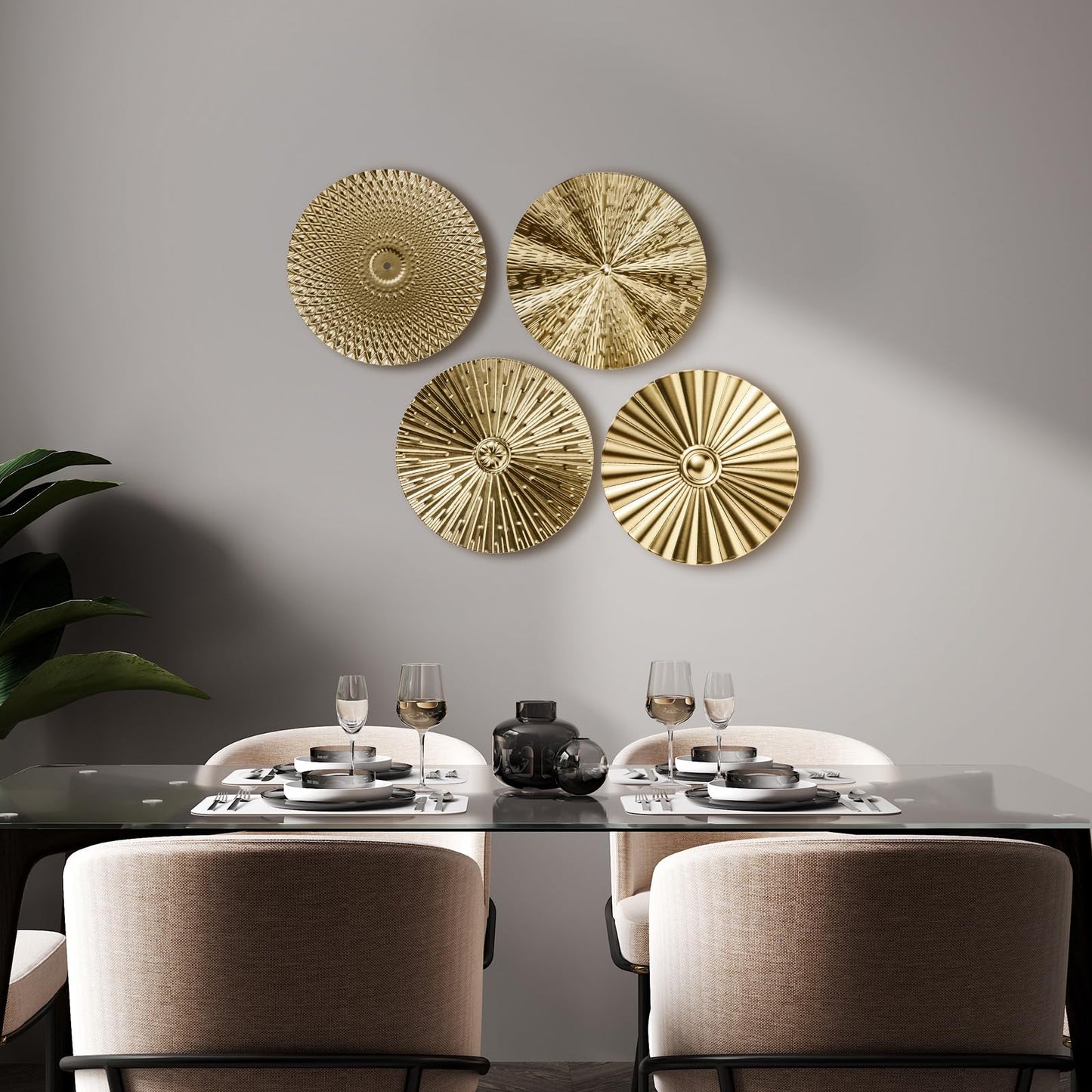 Hicarer 4 Pcs 12 Inch Metal Wall Art Decor Sunburst Hanging Metal Artwork Decor Wall Art Decorations for Home Living Room Office Gift for Christmas(Gold)