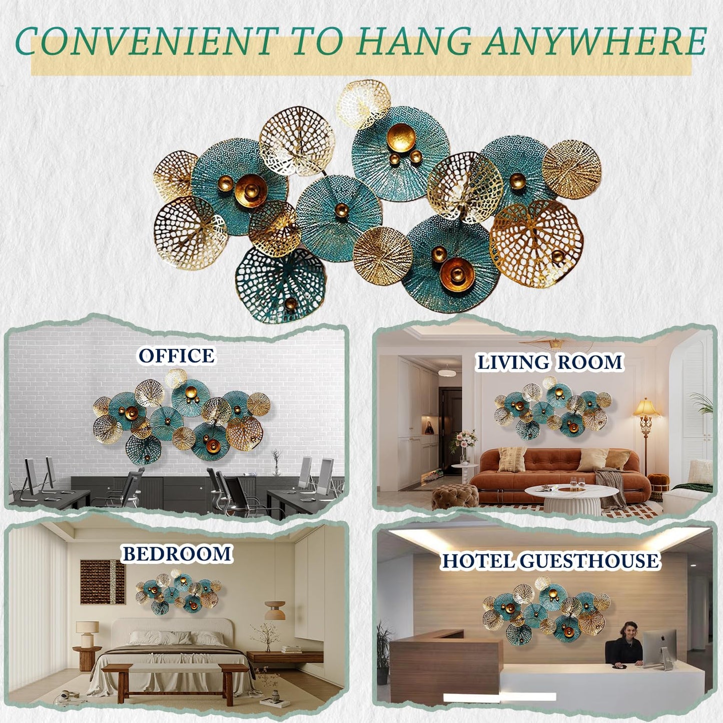 edaknez Metal Wall Decor for Living Room, Metal Flower Wall Art, 3D Stacked Leaves Wall Art Decor, Modern Lotus Flower Hanging Wall Decor (C 50 inch x 26 inch)