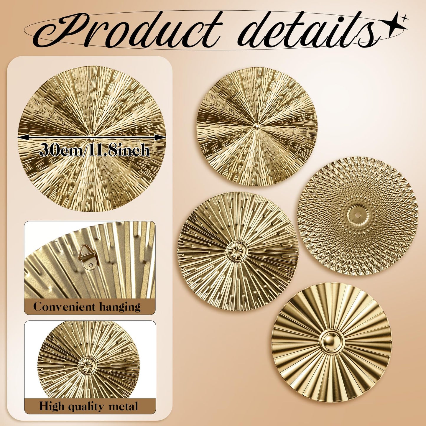 Hicarer 4 Pcs 12 Inch Metal Wall Art Decor Sunburst Hanging Metal Artwork Decor Wall Art Decorations for Home Living Room Office Gift for Christmas(Gold)