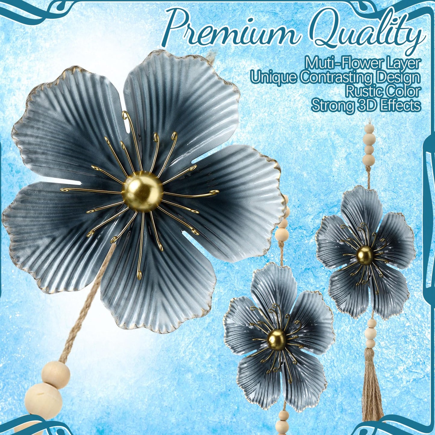 Tandefio 4 Pcs Metal Flower Wall Decor 7.9 x 22 Inch Large Metal Wall Art Decor Rustic Blue Floral Hanging Art for Living Room Home Bathroom Bedroom Indoor Outdoor(Classic)