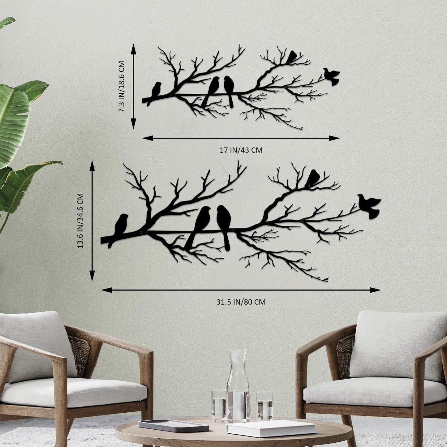 ESTART Metal Birds Wall Art, Metal Vivid Birds on Branch Silhouette Wall Decor Black Leaves with Bird Outdoor Hanging Wall Sculpture for Home Balcony Garden(Large)