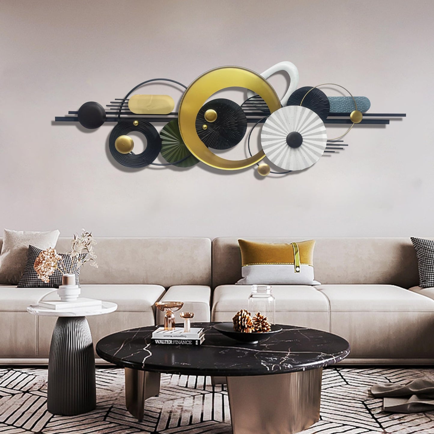 Modern Abstract Metal Wall Art,Large 59×20 Inches Wall Decor, Geometric Circles Design Wall Sculptures, Gold Black White, Wall Decoration for Living Room Bathroom Bedroom Dining Room