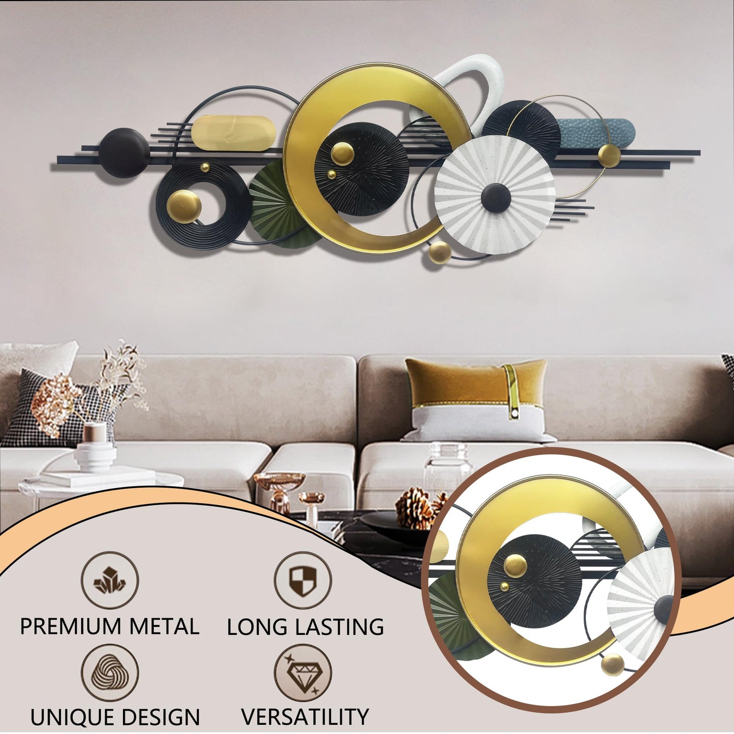 Modern Abstract Metal Wall Art,Large 59×20 Inches Wall Decor, Geometric Circles Design Wall Sculptures, Gold Black White, Wall Decoration for Living Room Bathroom Bedroom Dining Room