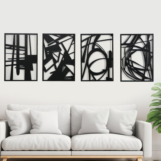 OUR NEST Pack of 4 Black Abstract Metal Wall Art – Minimalist Matte Finish 3D Line Art Wall Decor for Living Room, Bedroom, Bathroom, or Study (16" x 11")