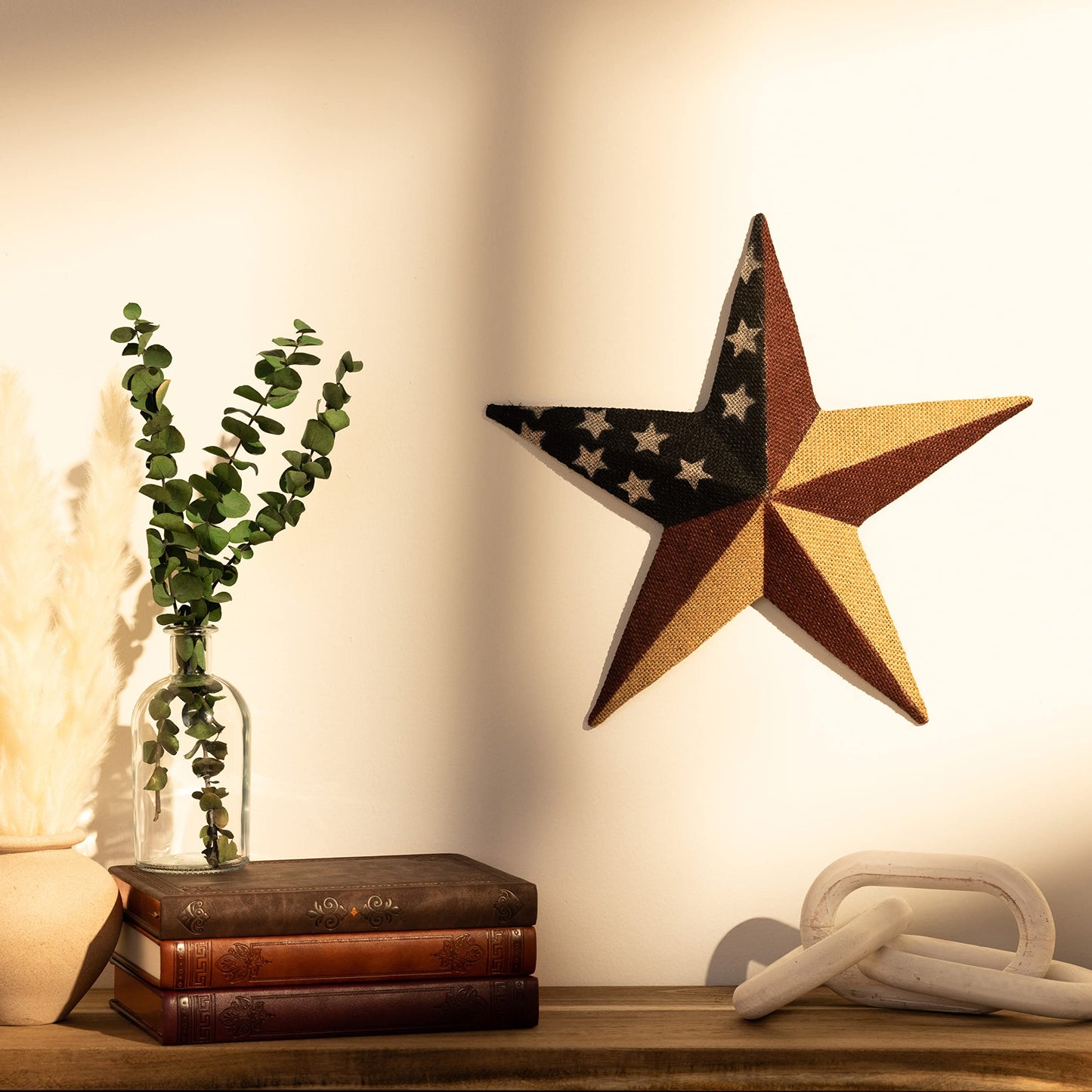 CWI Gifts Metal and Burlap Patriotic Barn Star - 12" American Flag Hanging Star - Farmhouse Wall Decor - 1