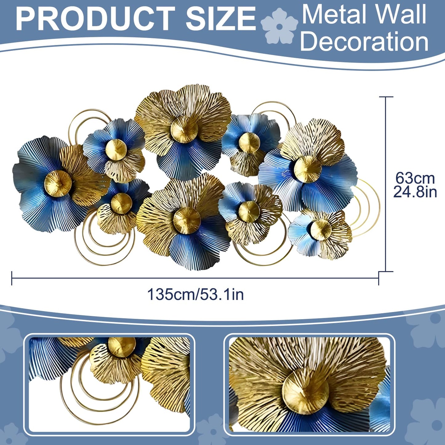 edaknez Metal Wall Decor for Living Room, Extra Large Metal Wall Art, 3D Modern Leaves Wall Decoration, Lotus Flower Wall Hanging Sculpture, for Indoor Outdoor, Blue & Gold (A 130x66x6cm)
