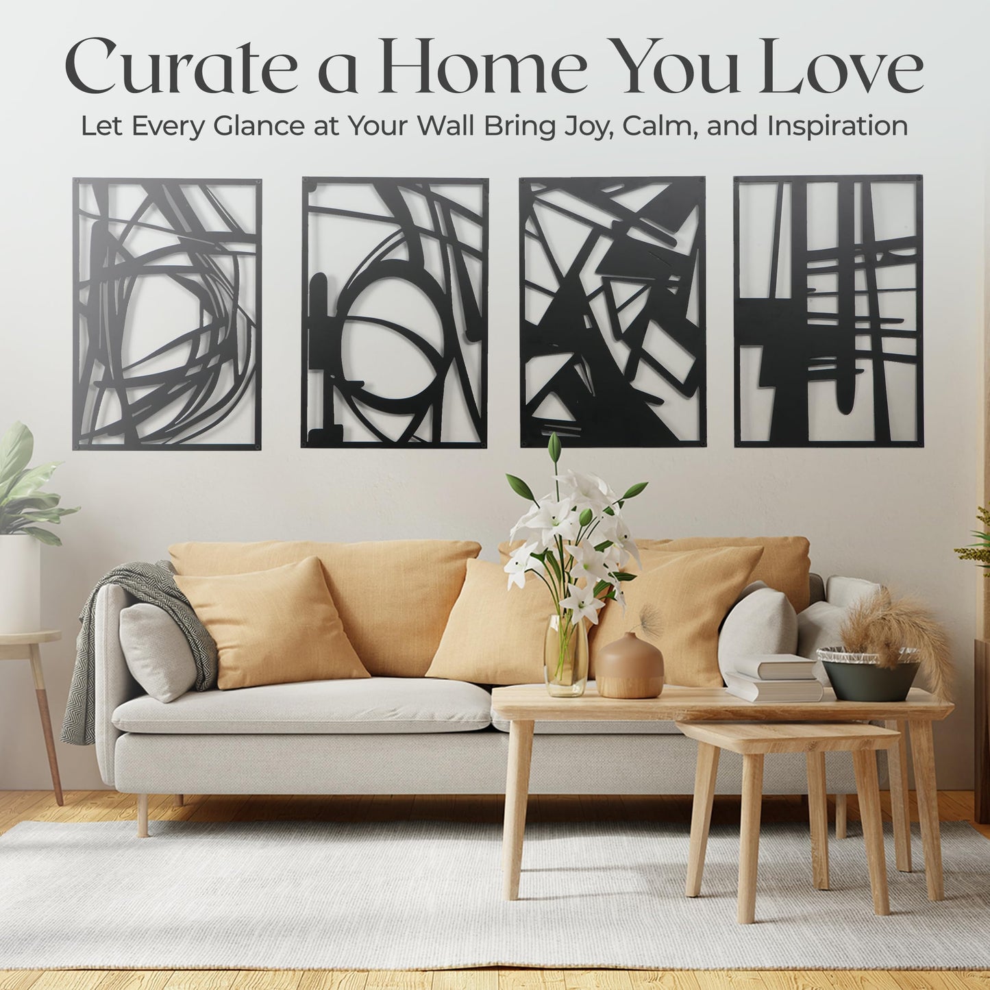 OUR NEST Pack of 4 Black Abstract Metal Wall Art – Minimalist Matte Finish 3D Line Art Wall Decor for Living Room, Bedroom, Bathroom, or Study (16" x 11")