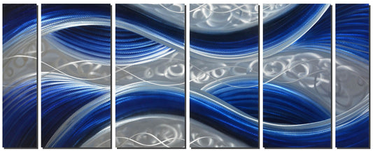 Handcrafted Abstract Metal Wall Art with Soft Color, Large Scale Decor in Huge Blue Line Design, 3D Artwork for Indoor Outdoor Wall Decorations, 6-Panels Metal Art Measure 24"x 65"