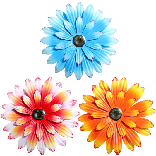 Hotop 3 Pcs Metal Flower Wall Art 3D Metal Daisy Wall Decor Multiple Layer Hanging Flower Rustic Farmhouse Boho Style Decorations for Indoor Outdoor Home Living Room Office Garden, 8 Inches(Vivid)